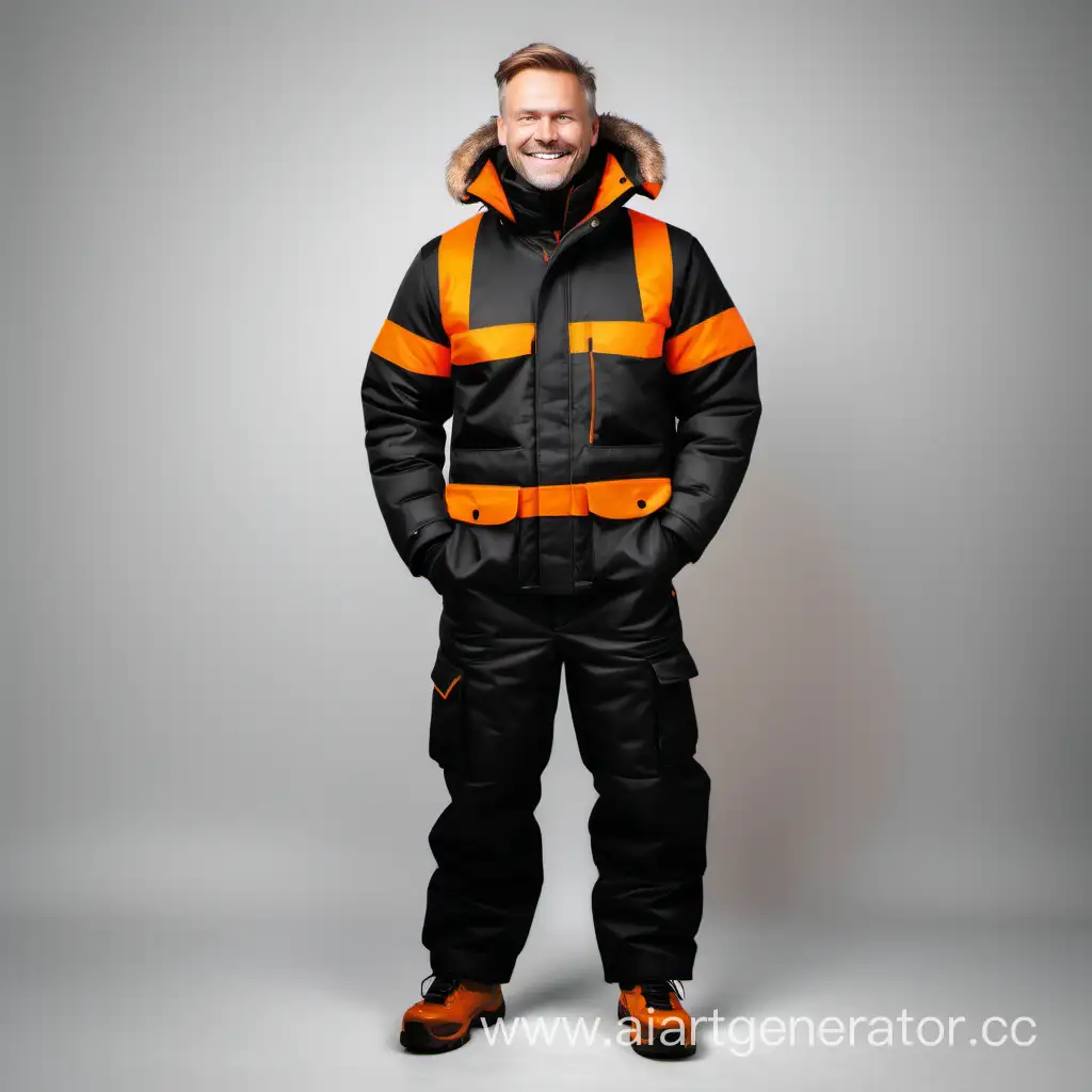 beautiful insulated warm workwear scandinavian man smile black orange front view full length