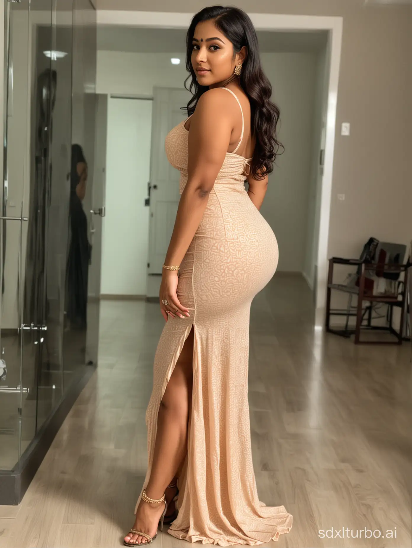 Indian booty curvy girl in high split dress thunder thighs hourglass body.