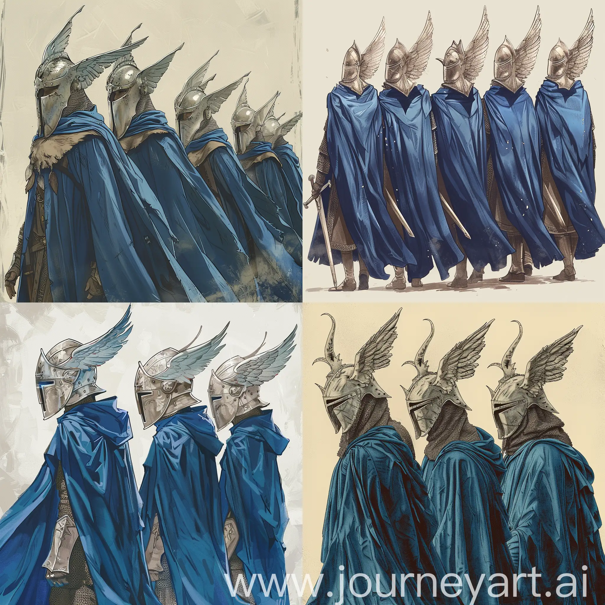Нарисуй арт: гондорские рыцари с крылатыми шлемами, в синих плащах. Это в стиле изображений из игры Crusader kings 3.