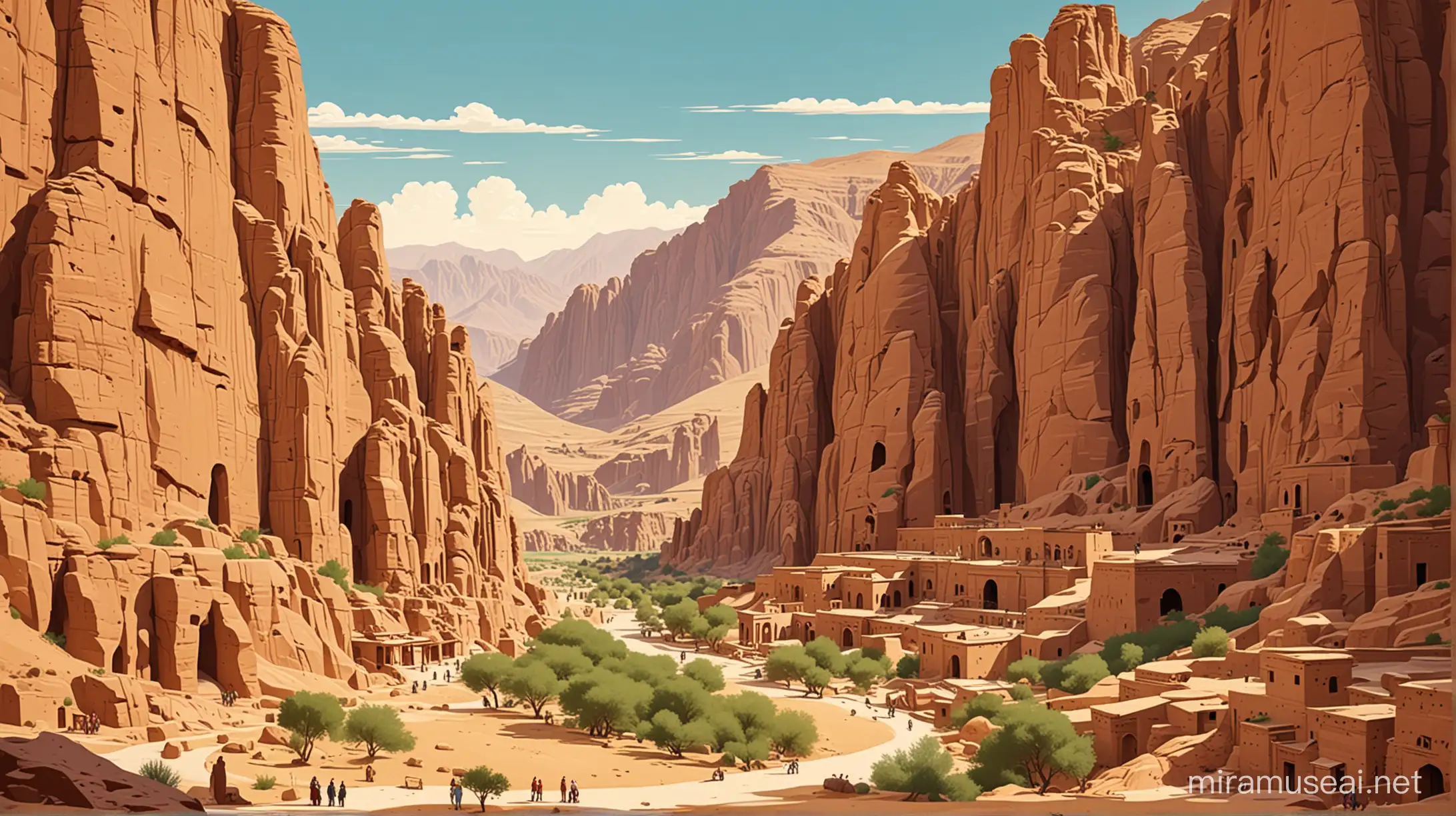 Mixed style of flat vector art and travel poster: recreation of ancient city of Bamiyan with one standing golden Buddha statue (standing posture) graved in cliffs and an ancient middle Eastern market.