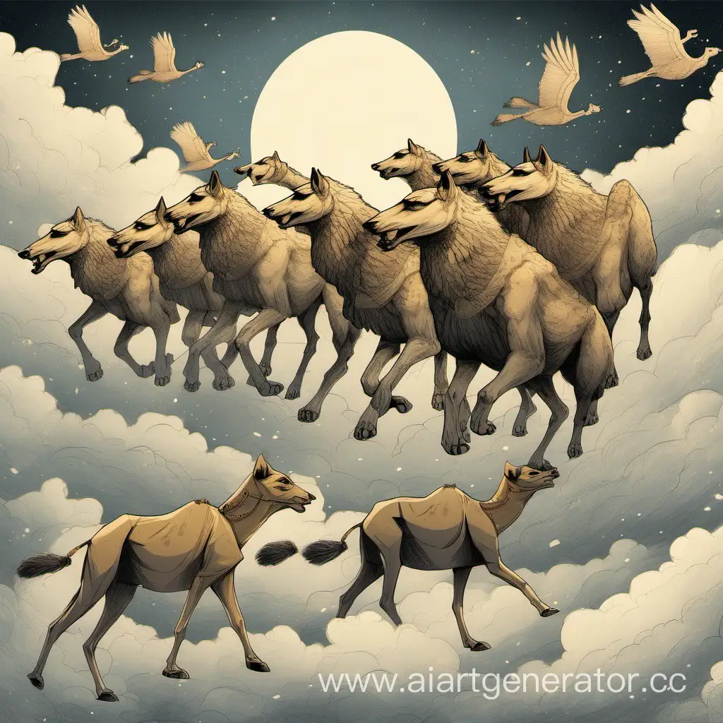 Wolves-Flying-Above-Camels-in-Cloudy-Skies