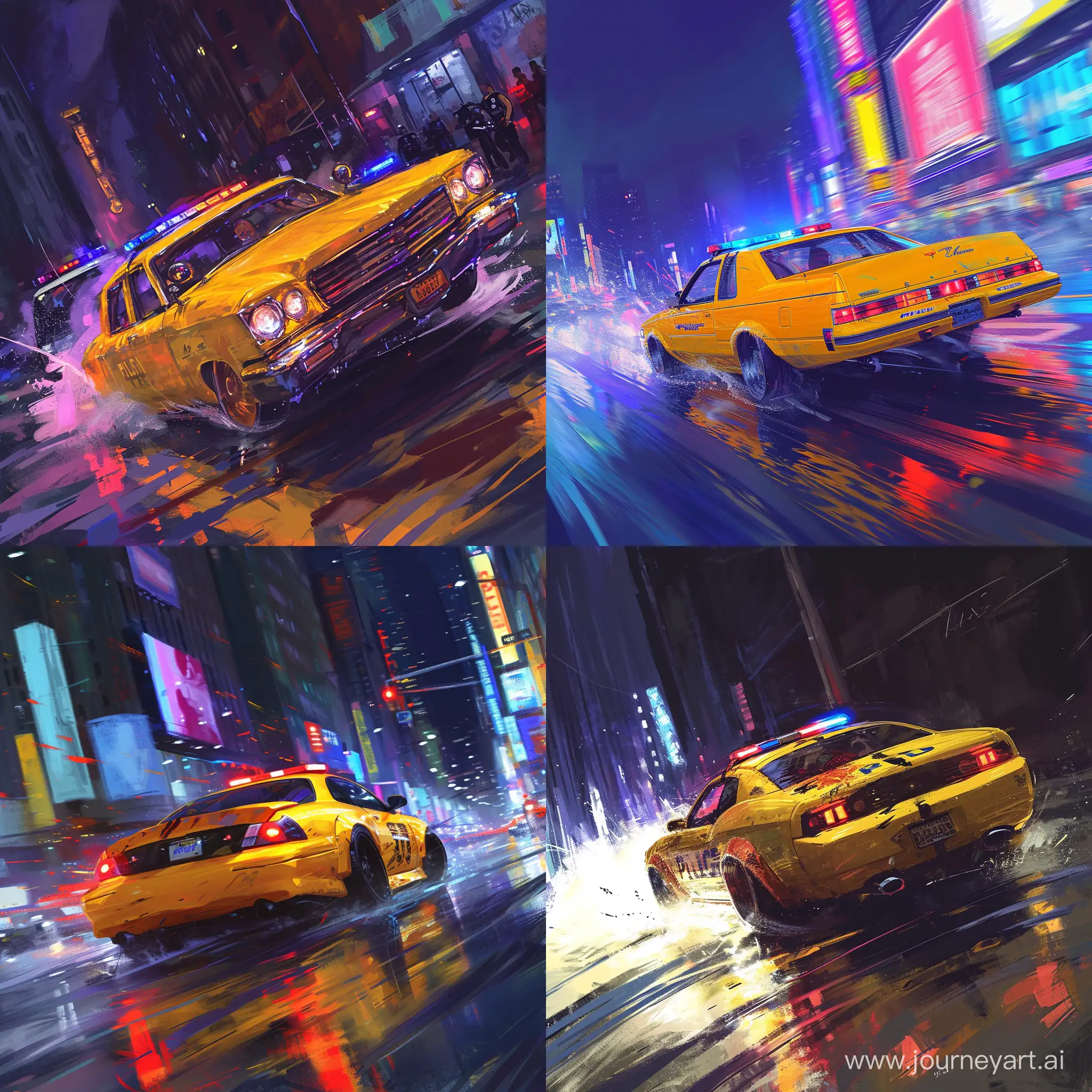 yellow maslcar, drifting, police in the back, digital painting, artstation, sharp focus, illustration, hearthstone, concept art, hdr 4k, 8k