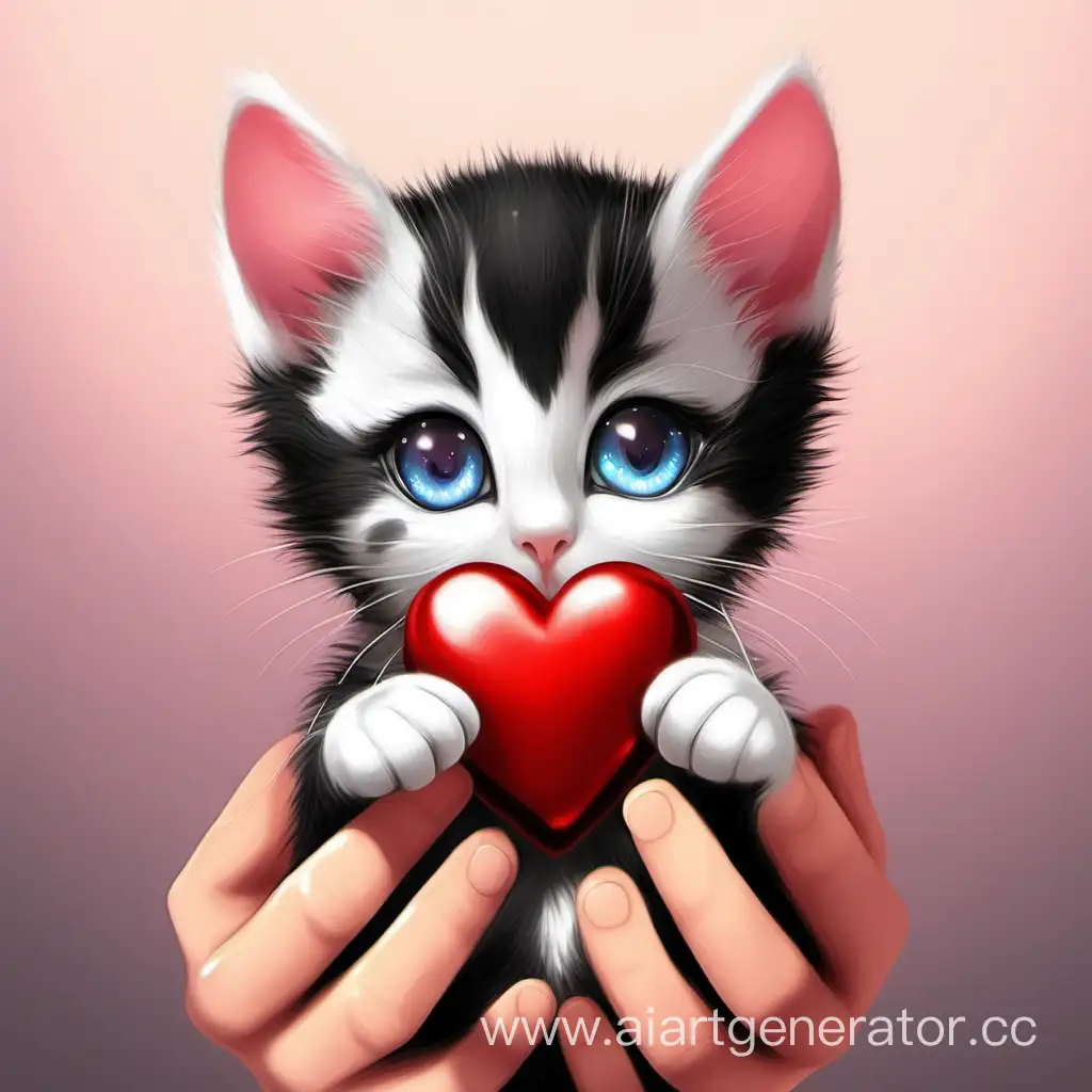Милый глазастый котёнок с сердцем в руках