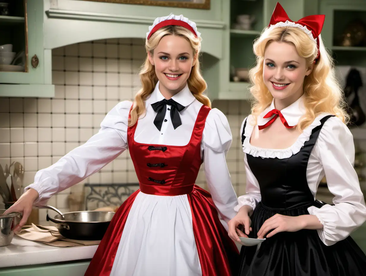 girls in long crystal silk satin red black retro victorian maid gown with white apron and peter pan colar and long sleeves costume and milf mothers long blonde and red hair,black hair rachel macadams  smile in kitchen garden Cinderella