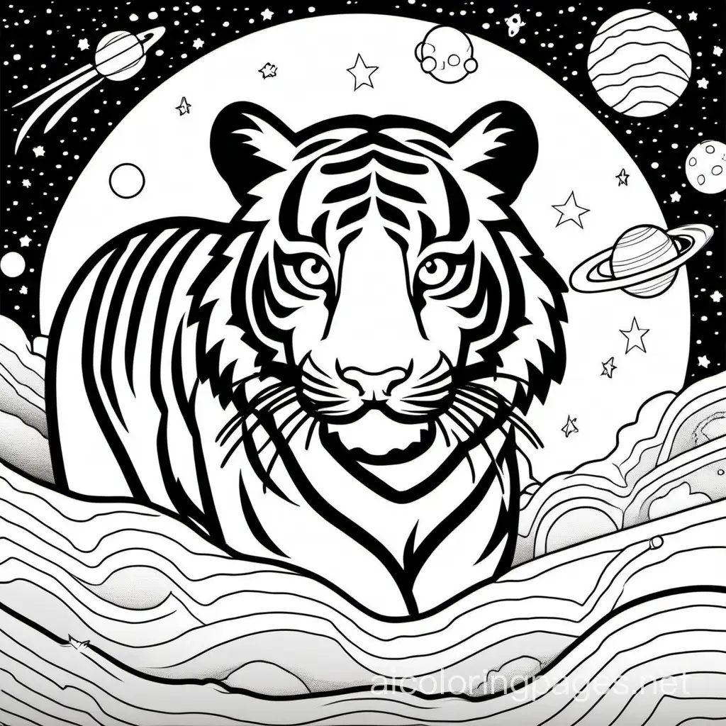tiger in outerspace, Coloring Page, black and white, line art, white background, Simplicity, Ample White Space. The background of the coloring page is plain white to make it easy for young children to color within the lines. The outlines of all the subjects are easy to distinguish, making it simple for kids to color without too much difficulty