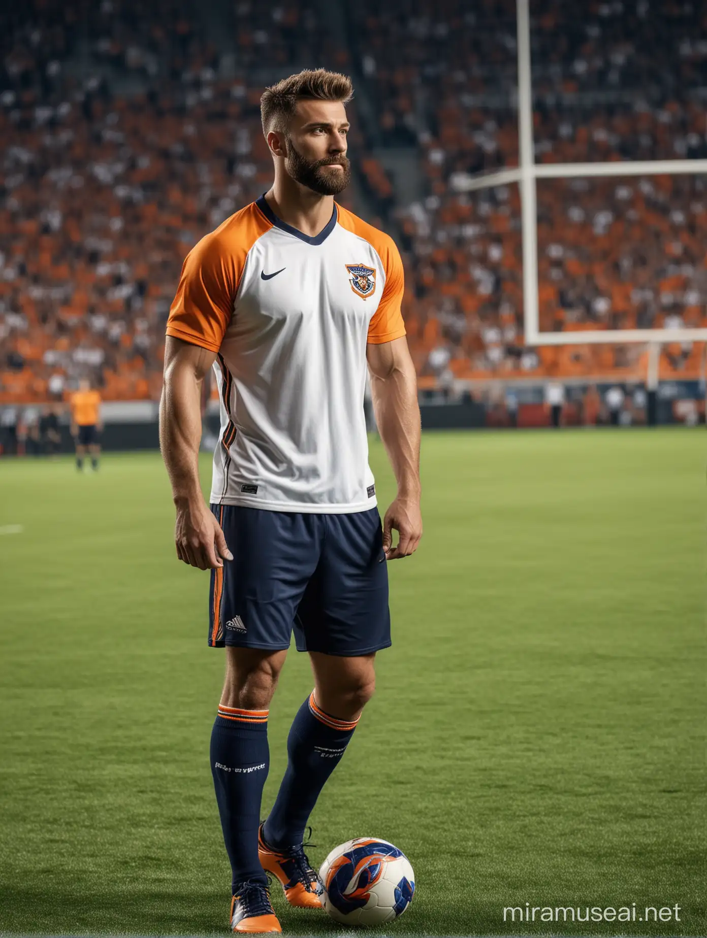Tall and handsome muscular men with beautiful hairstyle and beard with attractive eyes and Big wide shoulder and chest as football player in navy, orange and white jersey playing football on field 