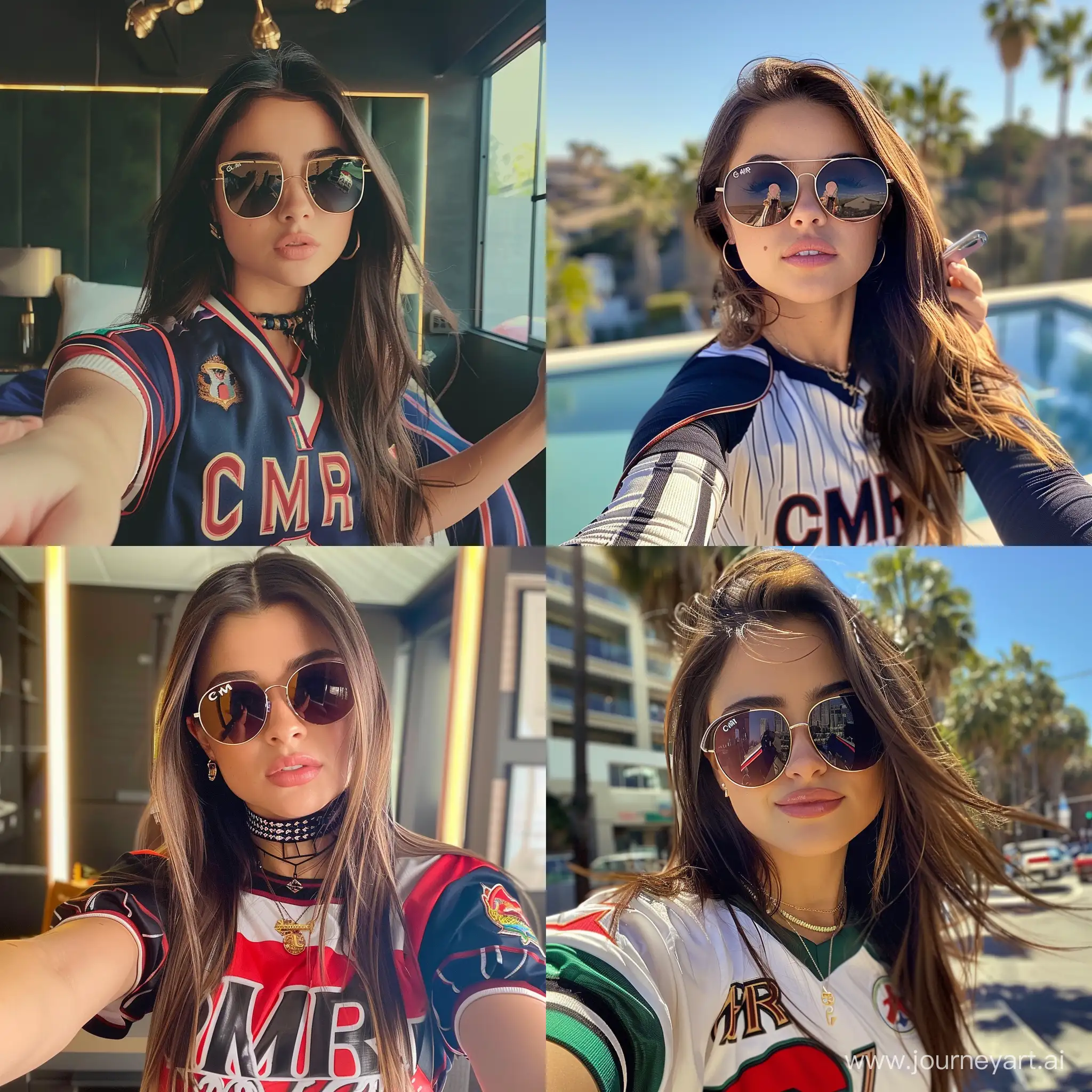 Selena Gomez with long hair ,wearing sunglasses and CMR elite jersey is taking a selfie