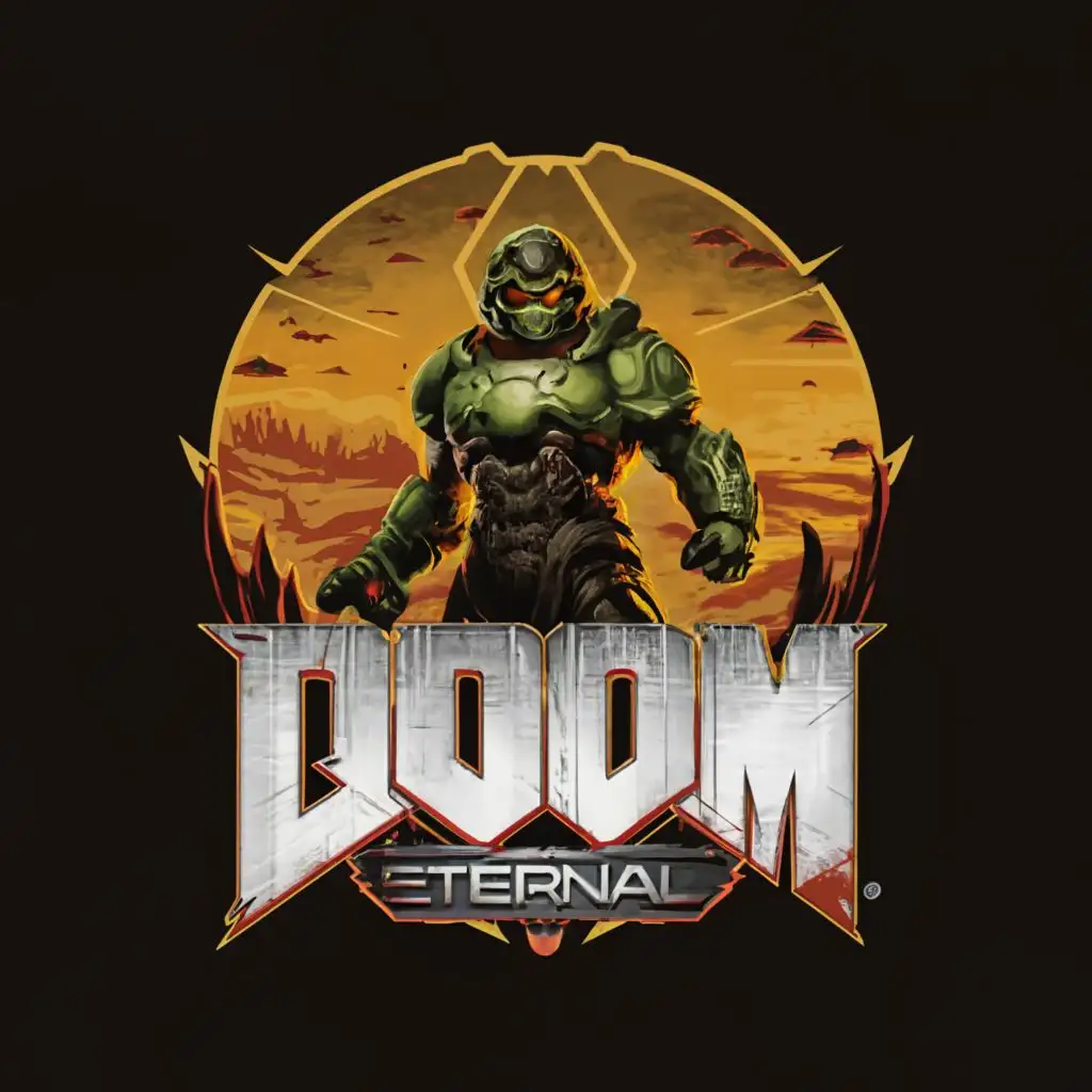 a logo design,with the text "doom eterrnal", main symbol:doom slayer,Moderate,be used in Religious industry,clear background