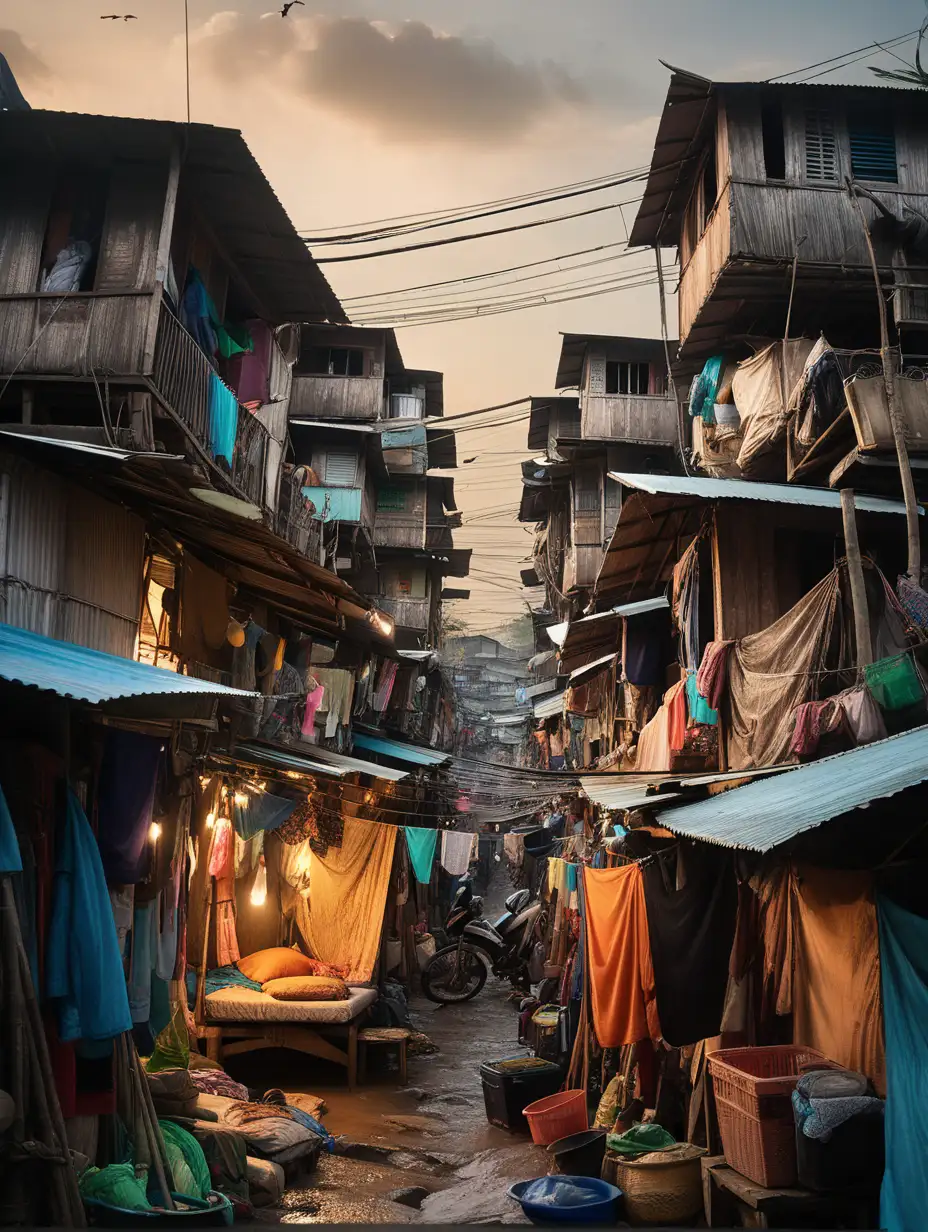 (cinematic lighting), Nestled on the outskirts of a bustling Thai city, a squatter house slum unfolds as a tapestry of makeshift shelters. Tiny, crowded dwellings, constructed from salvaged materials, lean against each other in an intricate maze of narrow pathways. Vibrant laundry hangs between the haphazard structures, and narrow alleys wind through the congested settlement. The atmosphere is a juxtaposition of resilience and struggle, with the vibrant colors of the community's spirit contrasting the challenging living conditions in this Thai slum, picture at dawn, intricate details, hyper realistic photography,--v 5, unreal engine,