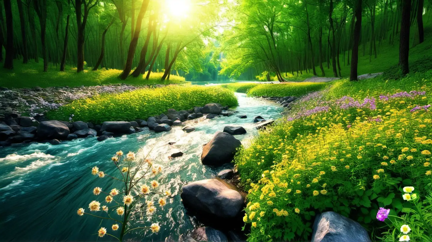 Enchanting Forest Scene with River Sunlight Flowers and Green Stones