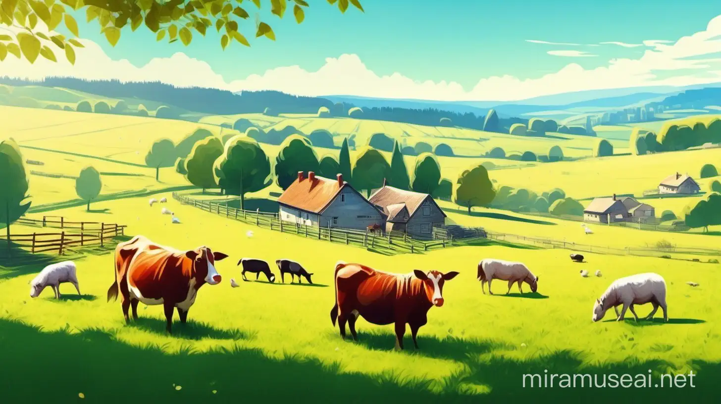 a bright sunny day and a lovely meadow stretches, in the far distance there is a single idyllic farm, with some animals