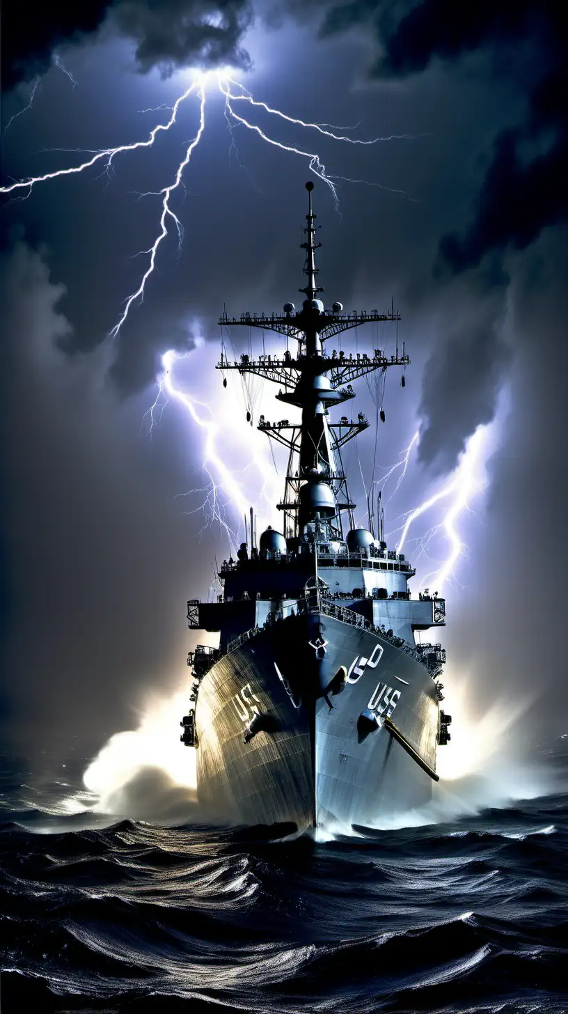 Dive into the tempestuous night with an image featuring the USS Eldridge navigating foggy waters. Thunderstorms rage overhead, and lightning casts an ethereal glow, emphasizing the ship's presence in the tumultuous darkness. USS Eldridge, tempestuous night, foggy waters, thunderstorms, lightning, ethereal glow, tumultuous darkness, presence.

