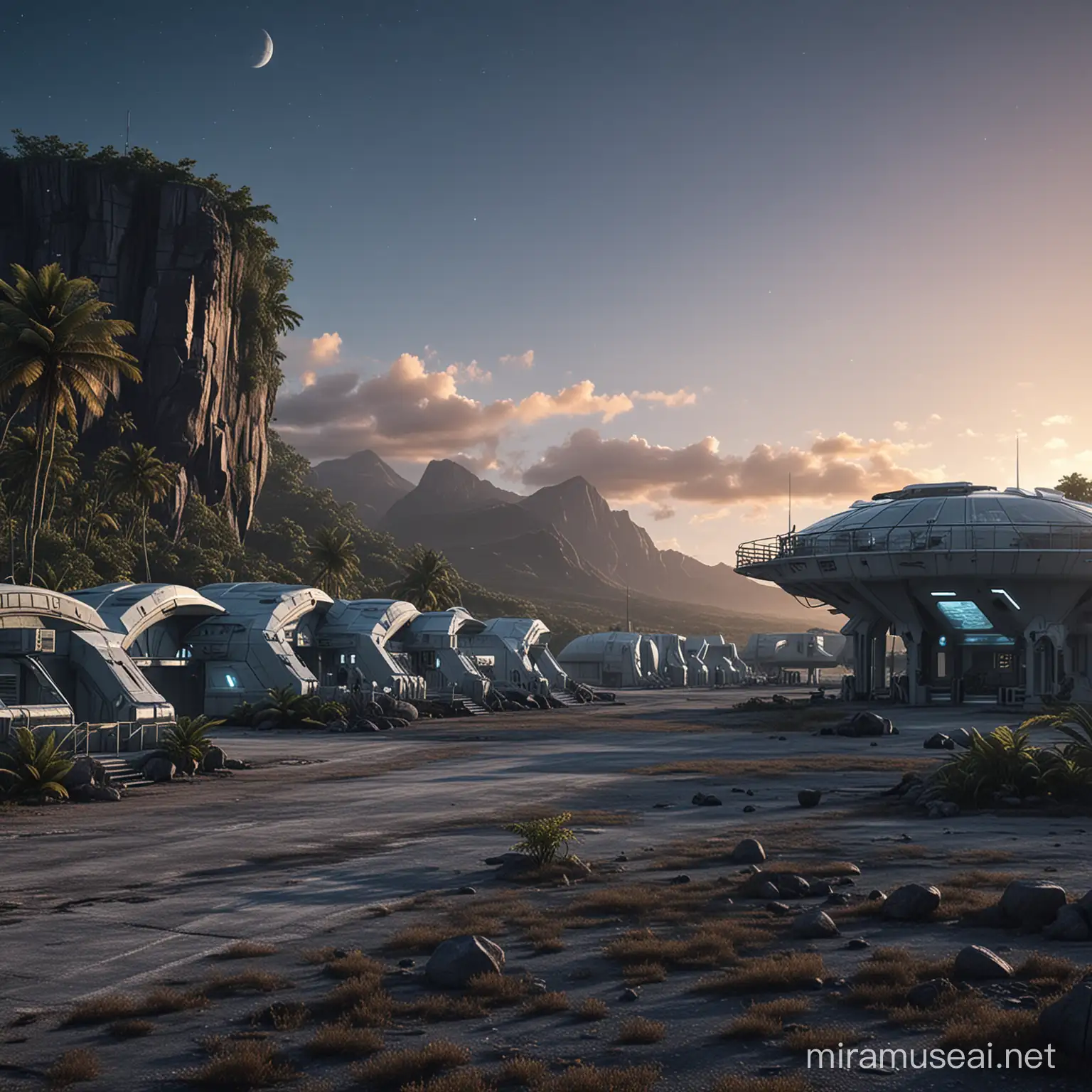 futuristic military base in a remote tropical location, clear sky, dusk, HD. 