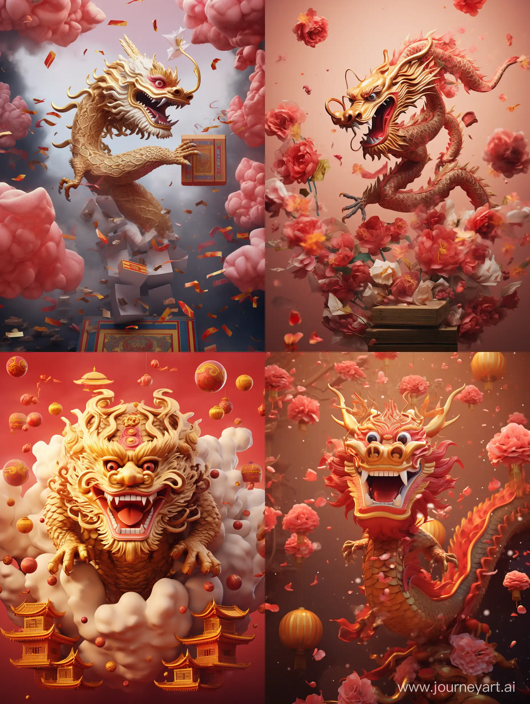 A sideways Chinese dragon in the air, surrounded by Chinese New Year decorations, red envelope, dragon, golden, aerial, minimalist, Chinese dragon, C4 rendering, surrealism, masterwork, film lighting ultra high definition, fine details, color grading,