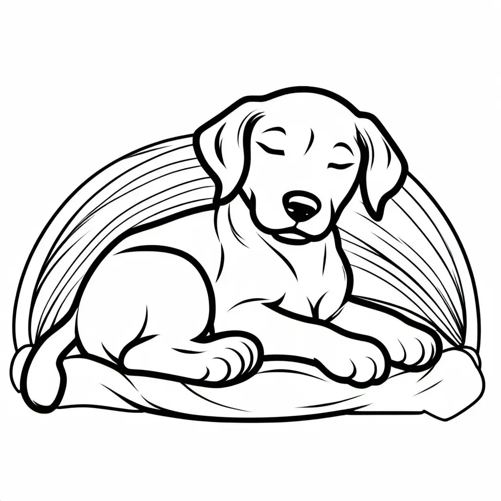 sleeping puppy, Coloring Page, black and white, line art, white background, Simplicity, Ample White Space. The background of the coloring page is plain white to make it easy for young children to color within the lines. The outlines of all the subjects are easy to distinguish, making it simple for kids to color without too much difficulty