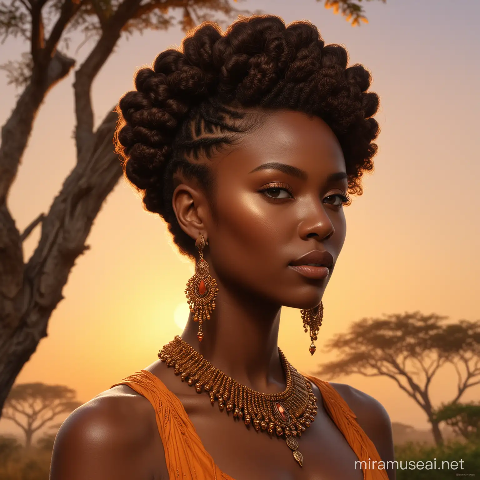 Generate an illustrated portrait of a regal African woman in profile. The woman has a strong, elegant silhouette, and her skin is richly dark with a subtle, natural sheen. Her facial features are finely detailed, exhibiting a high cheekbone, a straight nose, and full lips. She has a piercing, thoughtful gaze. Her hair is styled in an updo with a mix of intricate braids and curls, adorned with decorative beads and a feather. Silhouetted against a sunset, her hair seamlessly transitions into the shape of an Acacia tree with a lush canopy. The sky behind her is a gradient of warm oranges and yellows, evoking the feeling of an African savannah at dusk. Three birds are flying in the distance, adding to the scene's tranquility. She is wearing elaborate jewelry, including a beaded necklace and dangling earrings, rich in oranges, reds, and golds, which complement the tones of the background. The artwork should be stylized and vibrant, with a focus on the fusion of the woman's form with the elements of nature, 32k render, hyperrealistic, detailed.