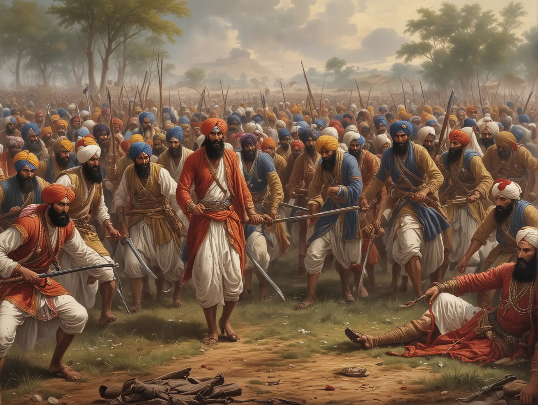 Sikh men and women in battle, blood, wounded, but not defeated.