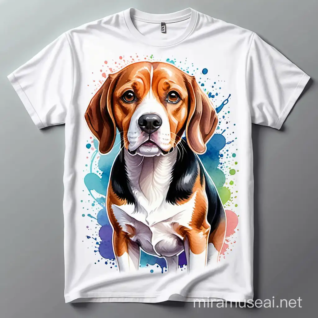 Vectorised Graphic T-Shirt Design.   A dog Beagle.  Style: Watercolour, sticker. Mood: Playful. White Background.