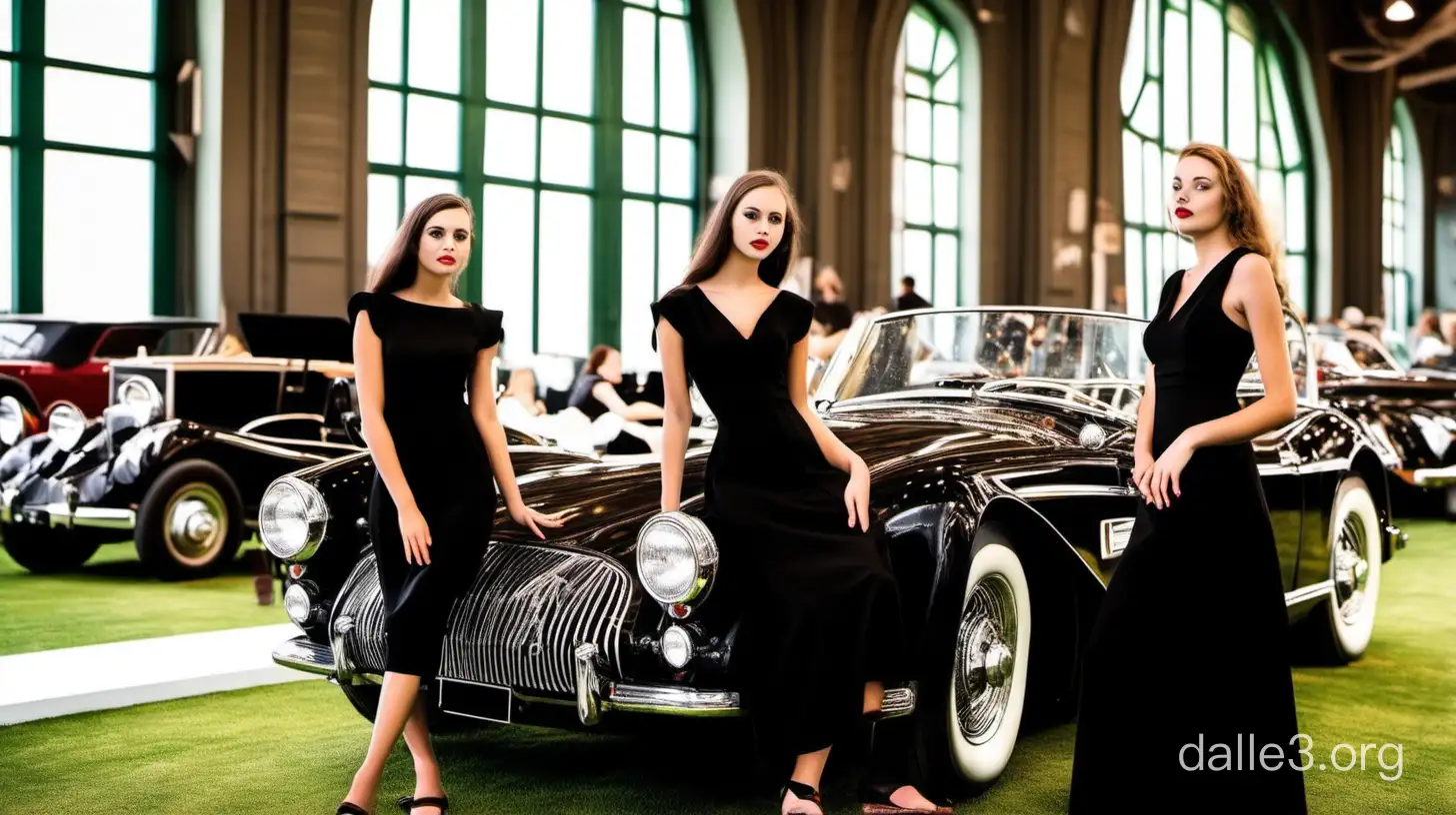 девушки в черном платье на выставке ретроавтомобилей в классическом интерьере с травой на полу