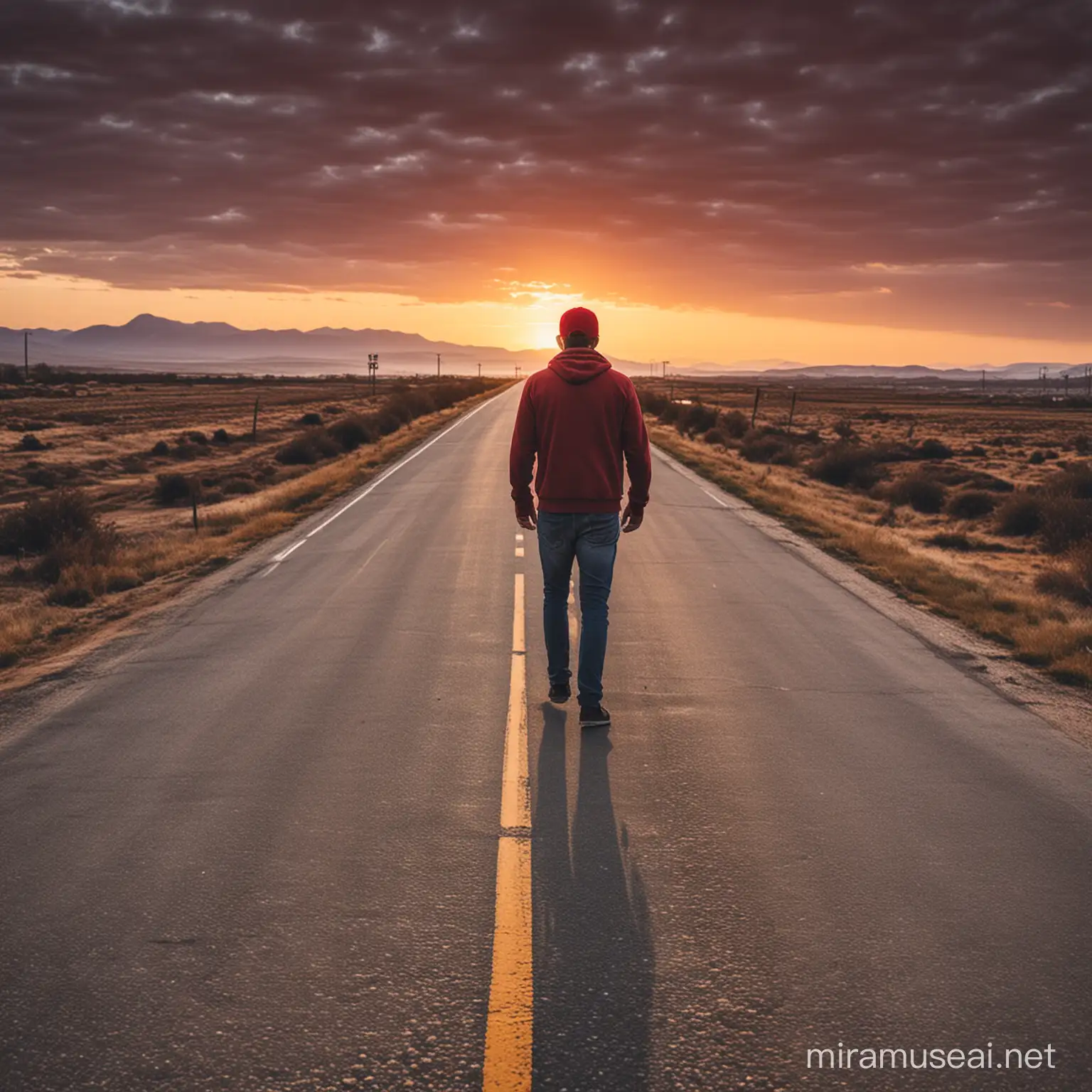 hombre adulto con gorra roja parado en medio de una solitaria carretera durante el atardecer