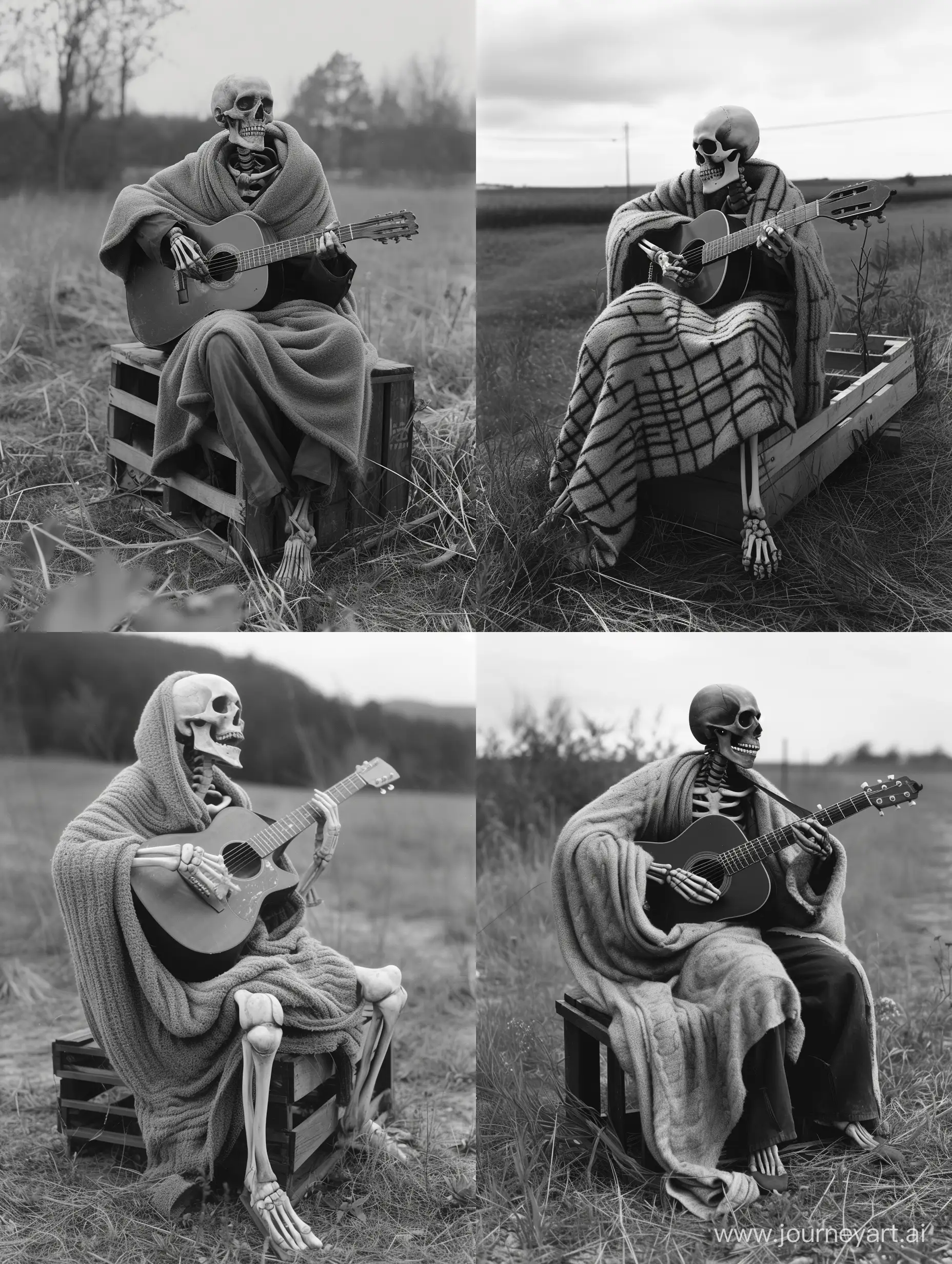 Grayscale image of skeletal figure wrapped snuggly in a wool blanket. He is sitting on a crate in a field playing an acoustic guitar, dark aesthetic, taken on provia