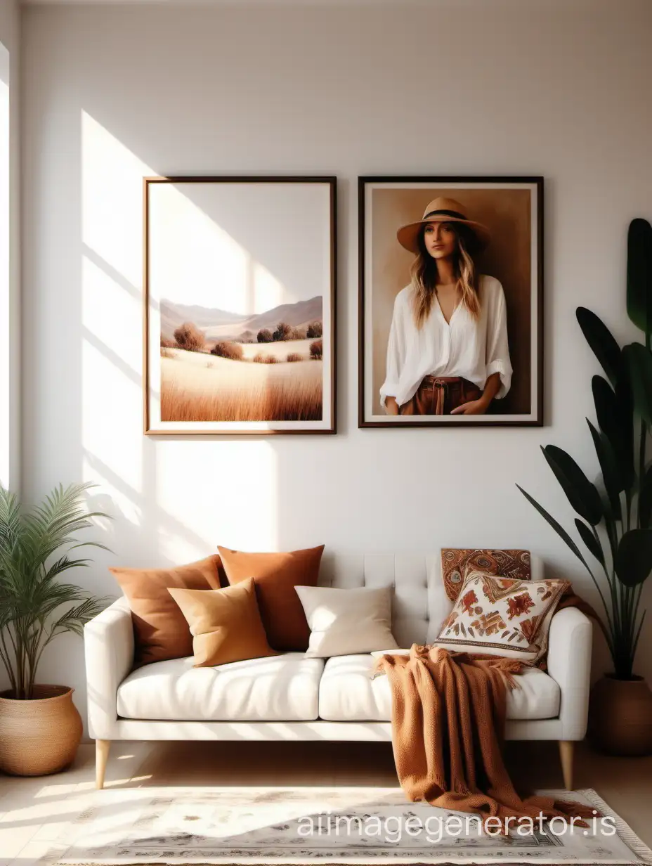 Realistic photo of a stylish interior. Boho style. Warm daylight, a painting hangs on the white wall.