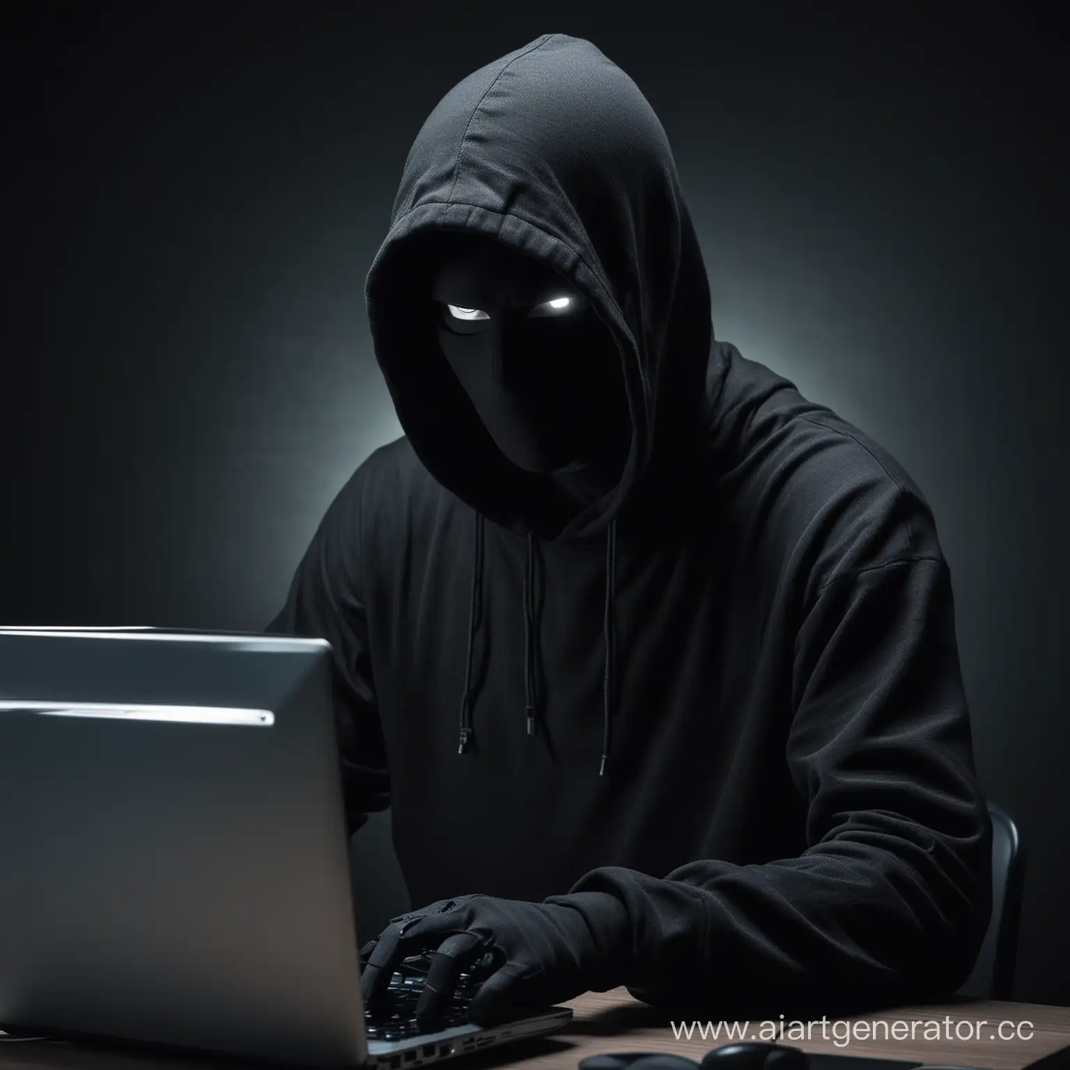Темный хакер с компьютером, без лица. Он программирует. таинственно. 