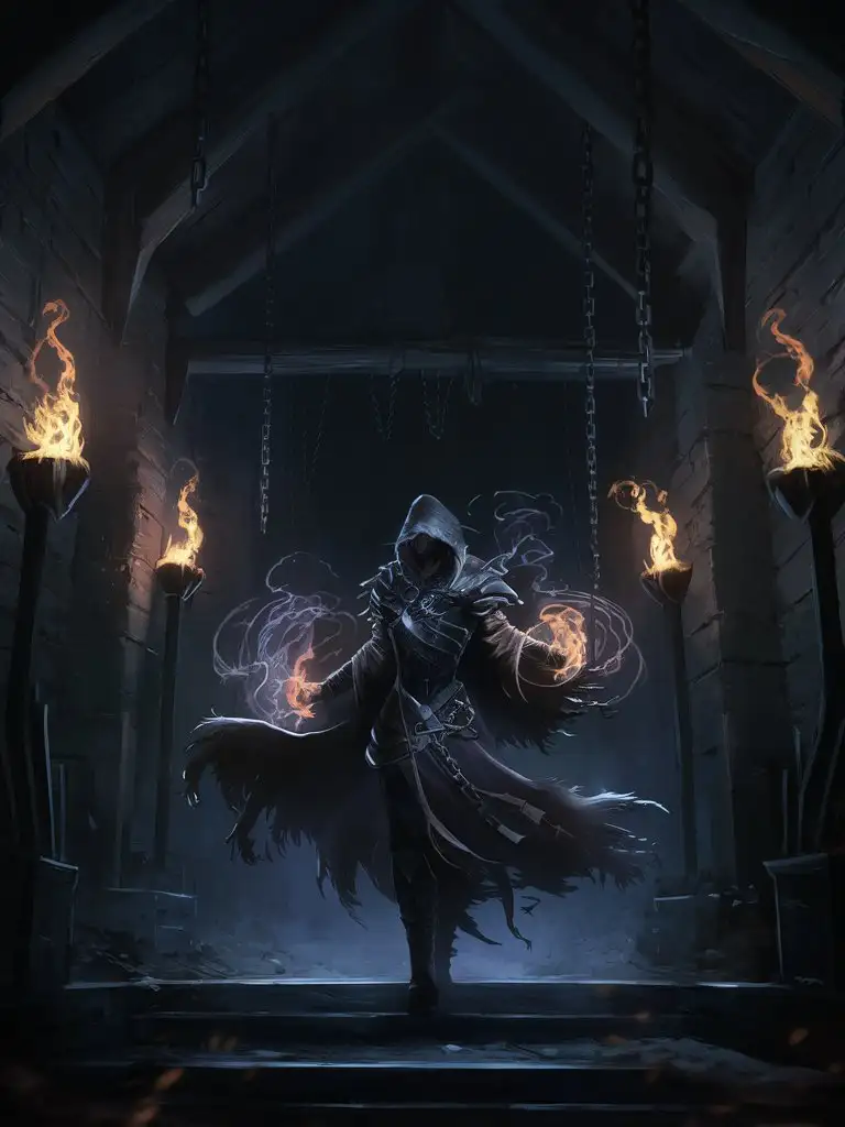 Мрачное готическое подземелье, на стенах горят факелы, свисают цепи с потолка, фэнтези, дарк, магия