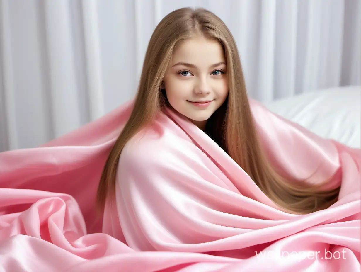 Tender, modest, sweet cutie Yulia Lipnitskaya with long, straight, silky hair lies under a tender, airy, luxurious bright pink silk blanket and tenderly, angelically smiles