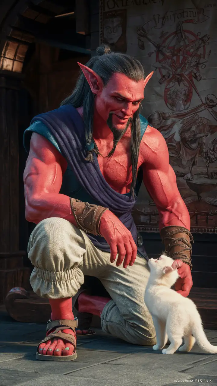 A tall handsome muscular male crimson-skinned hobgoblin with long black hair and beard, muttonchops. He wears baggy linnen pants that taper off just under his knees and sandals. He wears a deep blue vest which shows some wear and tear and deep purple sash that covers his abdomen and lower ribs. He has a kind smile and playful nature. He's playing with a small completely white kitty. Medieval shop interior. Dungeons and dragons style art. Hopeful lighting and shading. Fantasy. full body image. Uhd. Kneeling. 