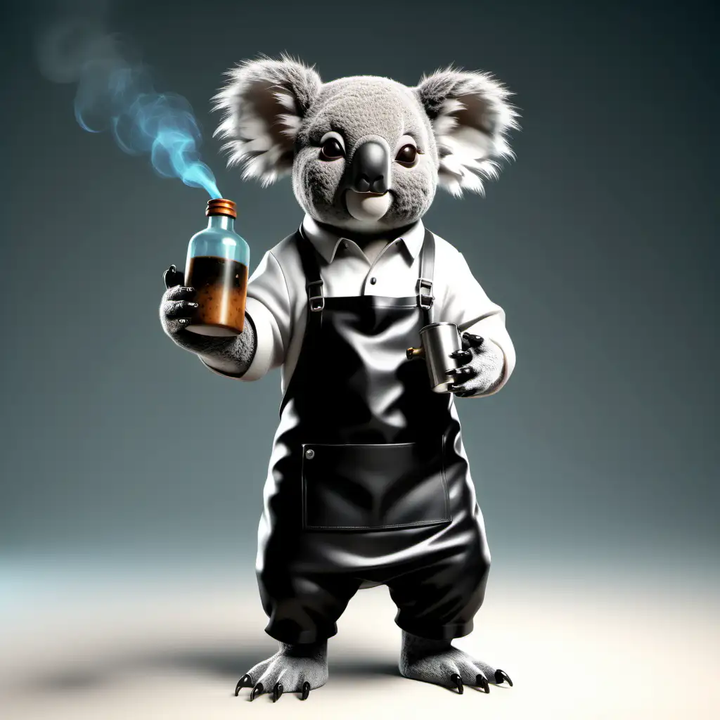 реалистичная коала алхимик мужского пола  с колбой в  лапах черном  фартуке в маске для сварки в полный рост