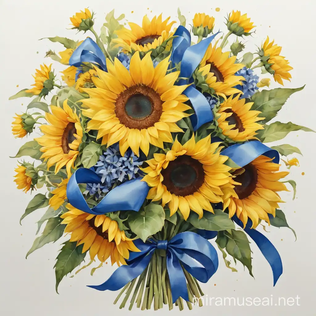 Vibrant Sunflower Bouquet with Blue and Yellow Ribbon on White Background