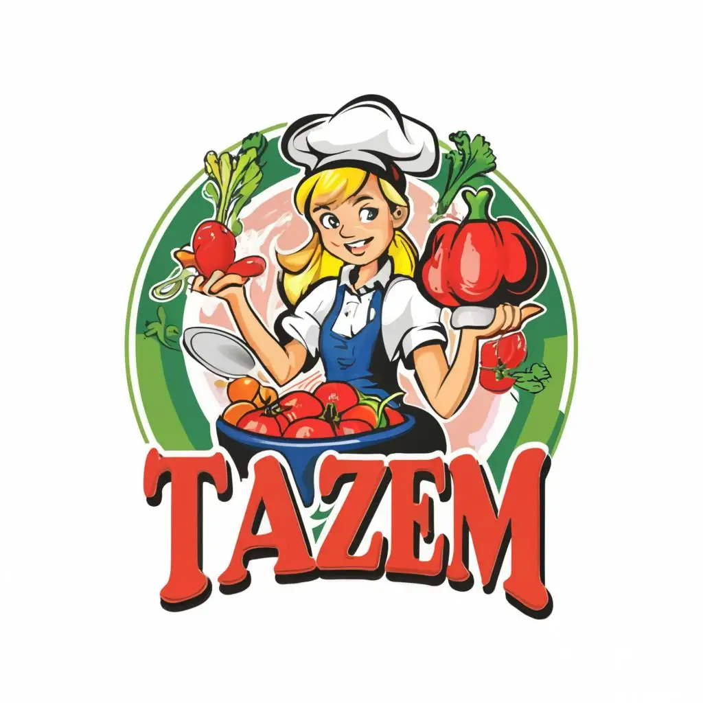 logo, A funny blonde girl chief with rolling pin and hat donates sisu pepper pickle appetizer types local woman worker making tomato paste, working at the kitchen counter Woman turned sideways, holding a basket of vegetables on her lap , with the text "TAZEM", typography, be used in Restaurant industry