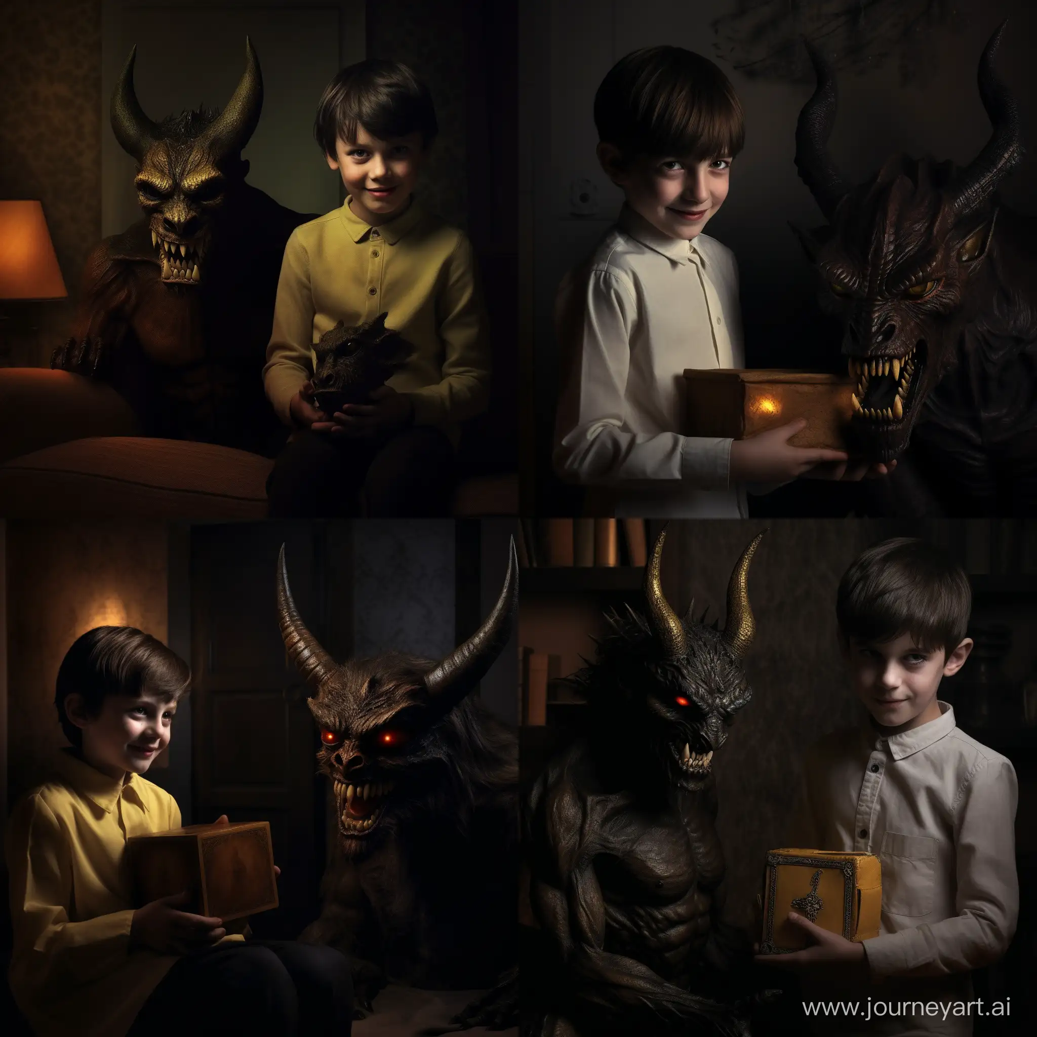 gloomy atmosphere, warm lighting of the apartment, boy: dark hair, sweater, holding a box wrapped with tape in his hands, next to the boy stands a devil [black fur, heels on the nose, hooves, creepy smile, yellow demonic eyes, small horns, the devil puts his hand on the boy's shoulder, hyper-realistic image, high image detail, 8K quality creepy smile, yellow demonic eyes, small horns, the devil puts his hand on the boy's shoulder, hyper-realistic image, high image detail, 8K image quality 