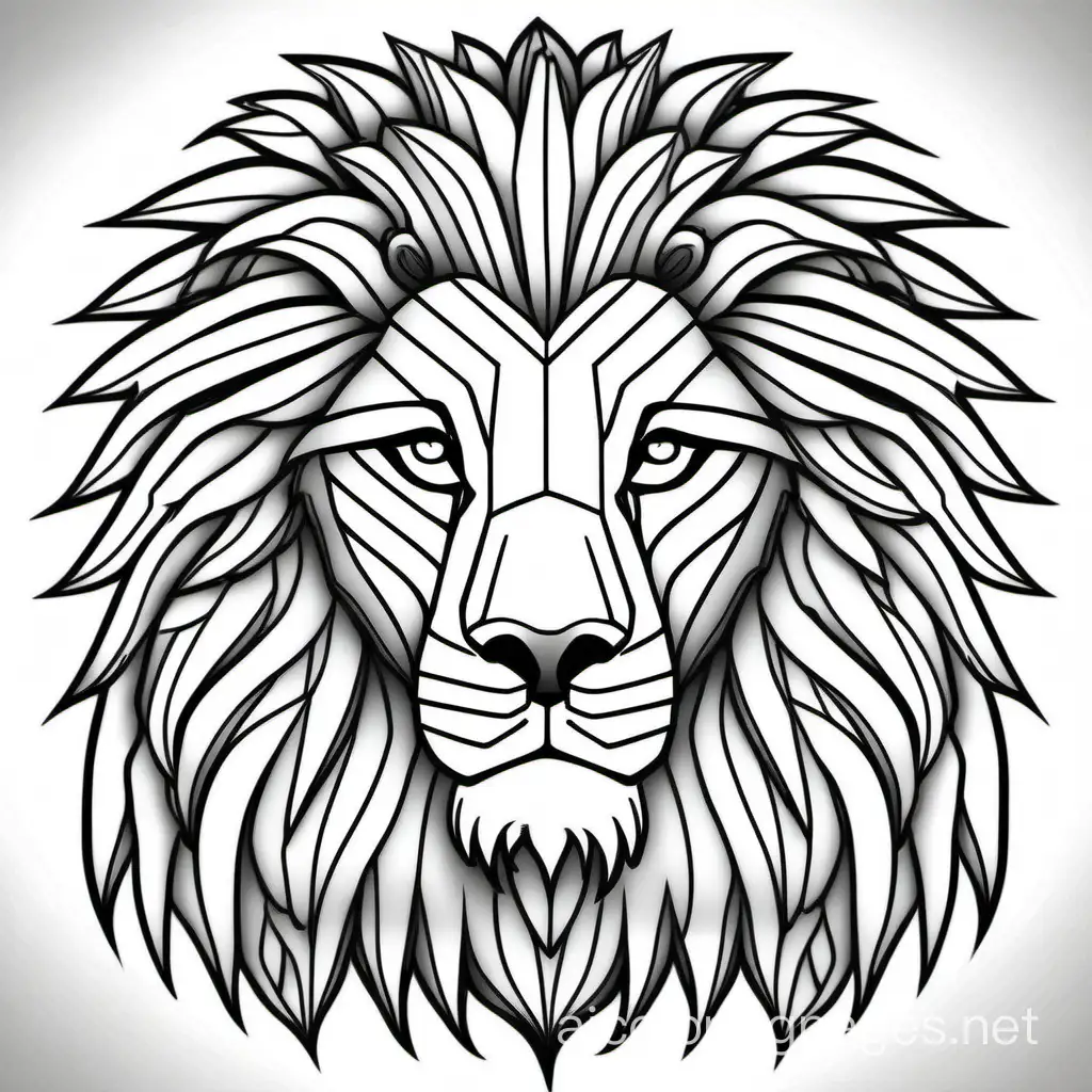 adult coloring page lion portrait, Coloring Page, black and white, line art, white background, Simplicity, Ample White Space. The background of the coloring page is plain white to make it easy for young children to color within the lines. The outlines of all the subjects are easy to distinguish, making it simple for kids to color without too much difficulty