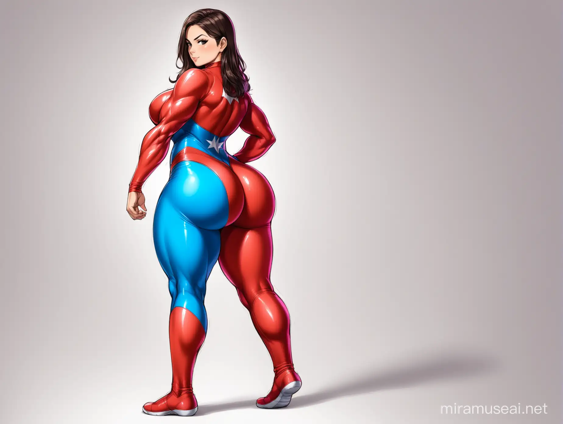 a chilean woman, brunette, superhero, tight suit, colors, huge booty, bubble booty, fake ass, strong legs, stuffed thighs, strong legs, white background, full body.