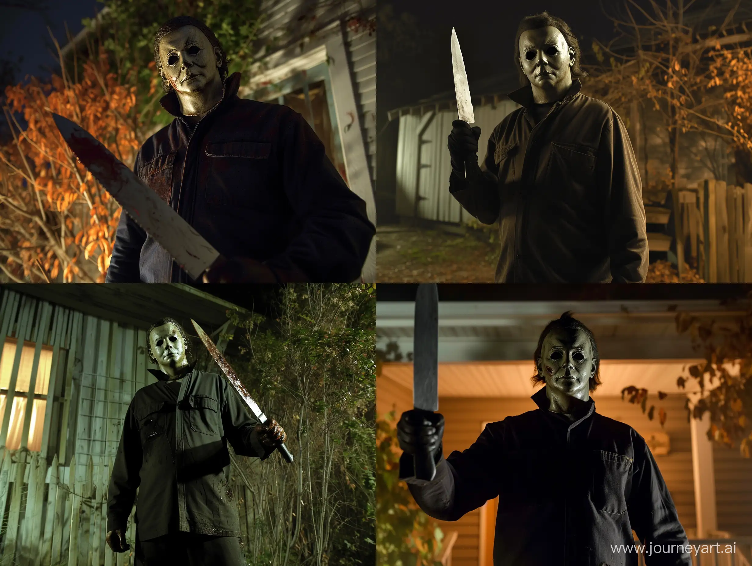 In 2007, Rob Zombie's horror movie scene depicts Michael Myers holding a kitchen knife, standing outside in a menacing stance, with a full view of the gore.



