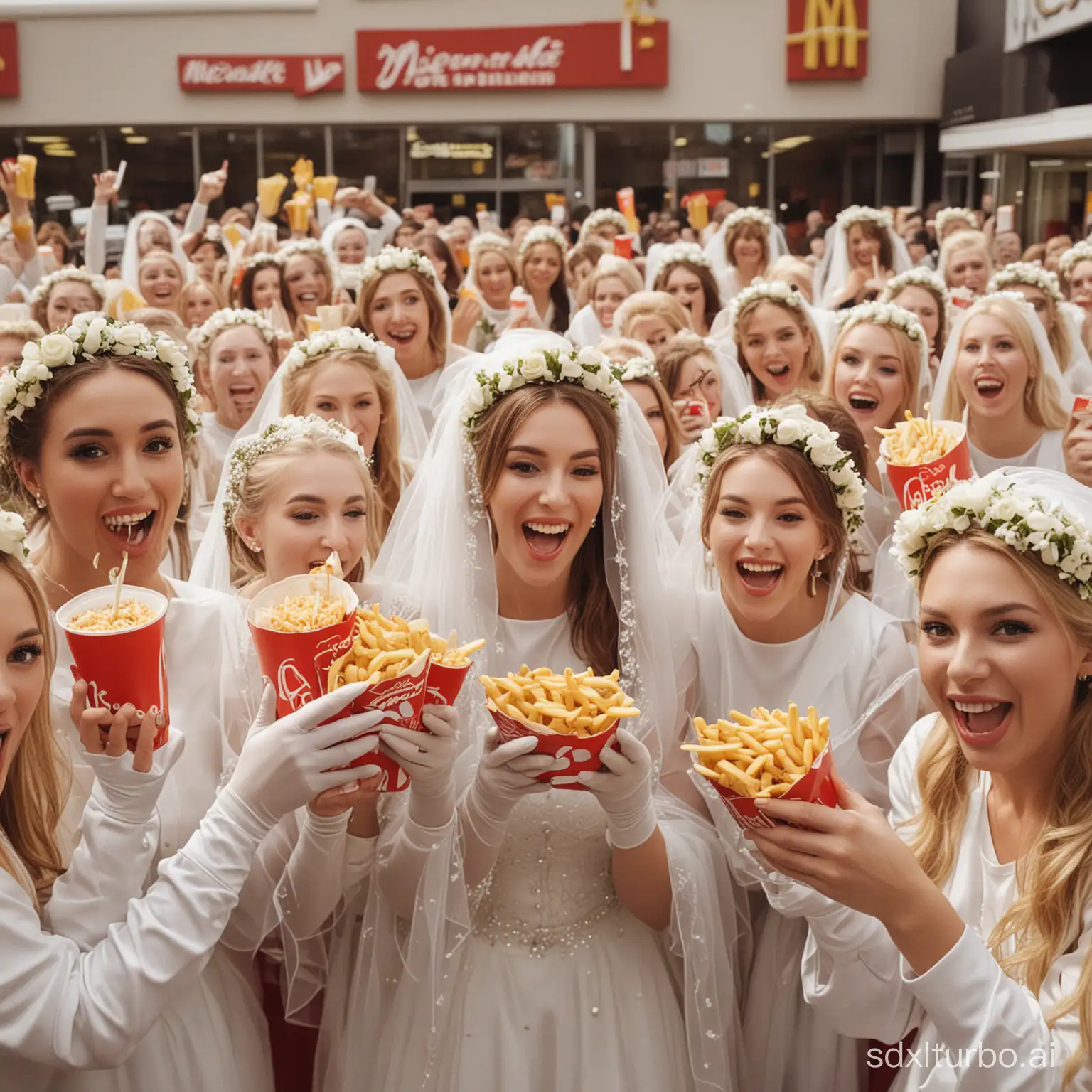 Crowd of brides in veil and wreath and white glove eating Big Mac french fries coke together at McDonald's