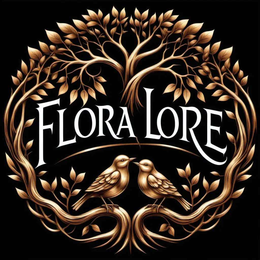 A logo with the name Flora Lore, but make "FloraLore" all one word, two bird sitting on top of a tree with roots, use vector image, with black background, use different shades of gold, copper, and white in the image