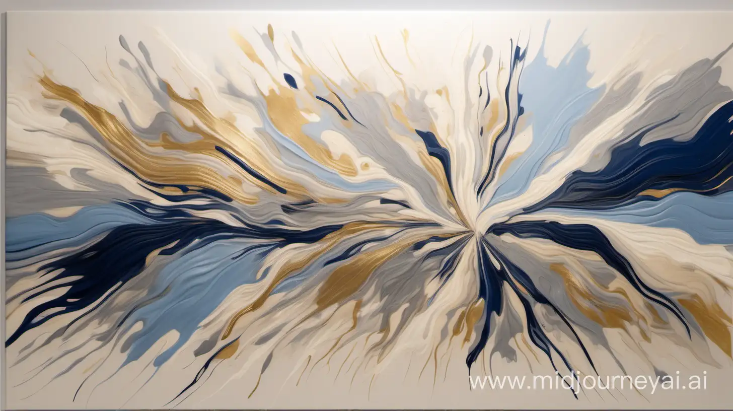 a fun, millenial, biologic, motion, abstract art piece with a color theme of beige, dark blue, light blue, grey blue, grey, cream, gold