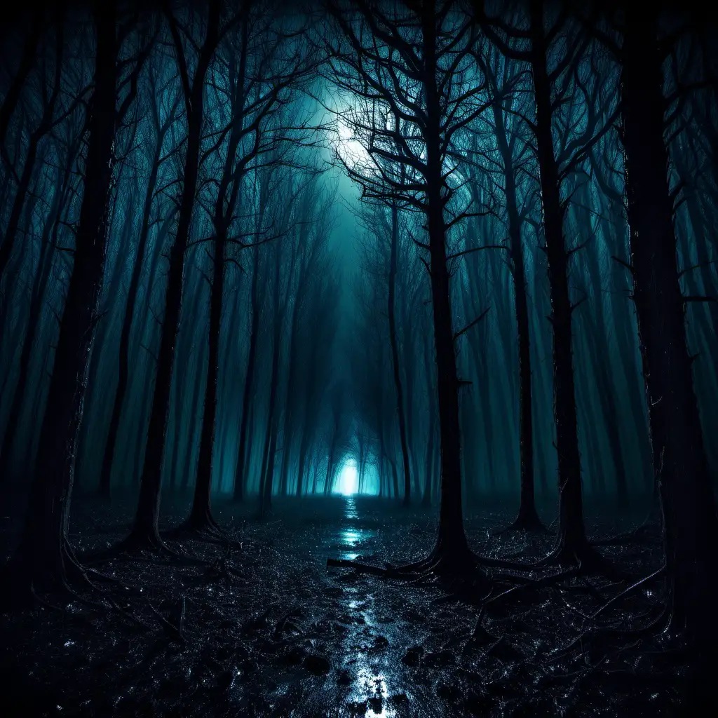 scary forest at night with rain