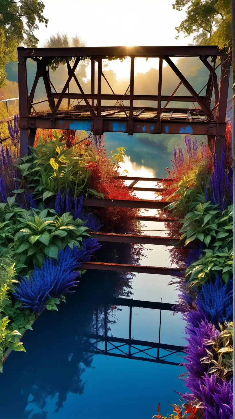 Rustic Bridge Overgrown with Vibrant Garden Plants Bathed in Golden Sunlight