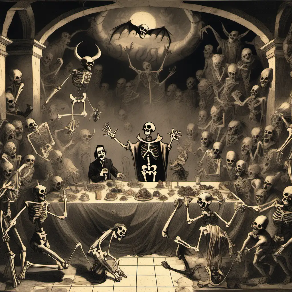 French diablerie scene of Mike lindell as a skeleton arguing with the devil.  Surrounding them are onlooking devils, skeletons and demons. The scene take place in the throne room of hell. scene should be dark, foreboding and scary.