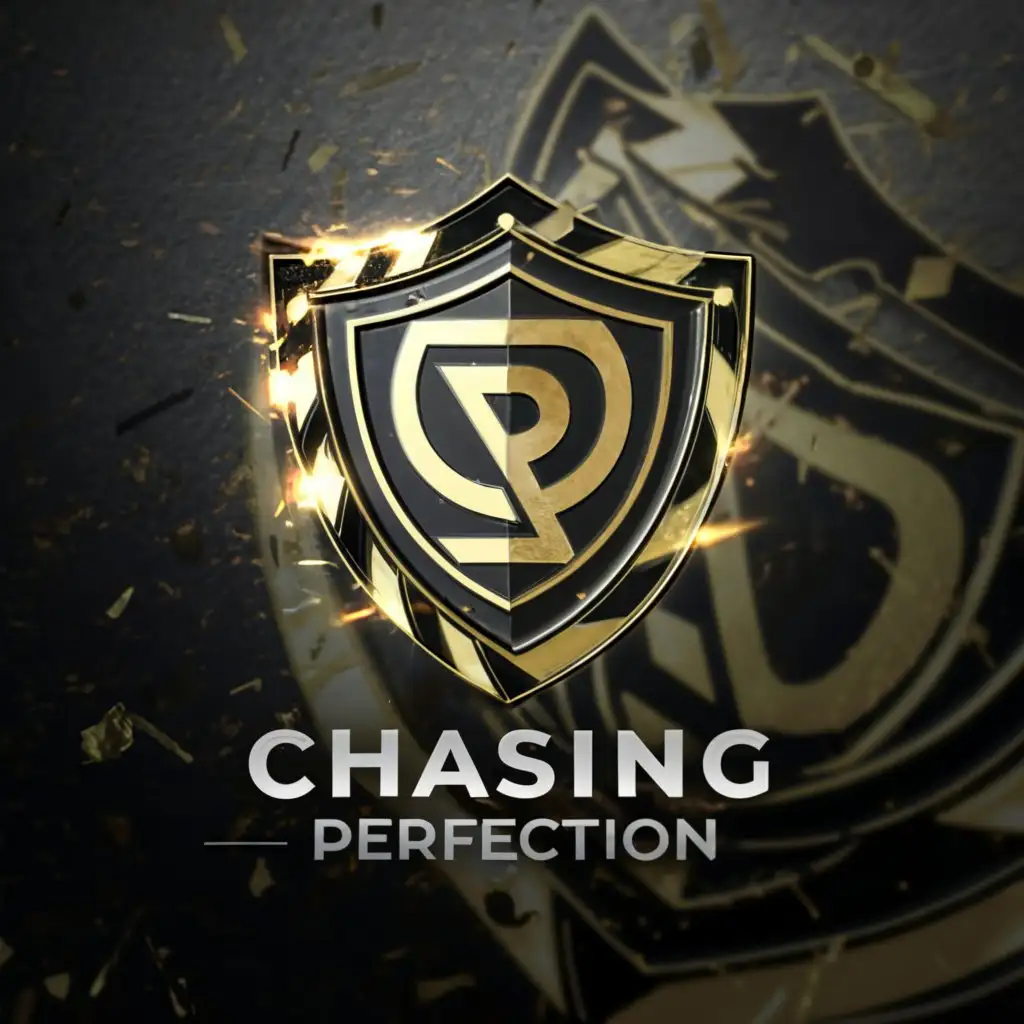 a logo design,with the text "CHASING PERFECTION", main symbol:SHIELD, MODERATED. BE USED IN AUTOMOTIVE INDUSTRY. with only colors blACK and GOLD and glow look. CAR WITH AIR SUSPENSION IN LOGO
,complex,clear background