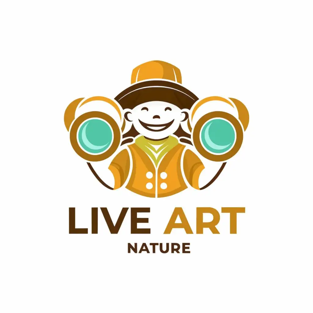 a logo design,with the text "liveart nature", main symbol:a child, wearing a hat，wearing a vest，holding binoculars in both hands, positive vector, the shape of the child's hand happens to be the lens of the telescope.,Moderate,clear background