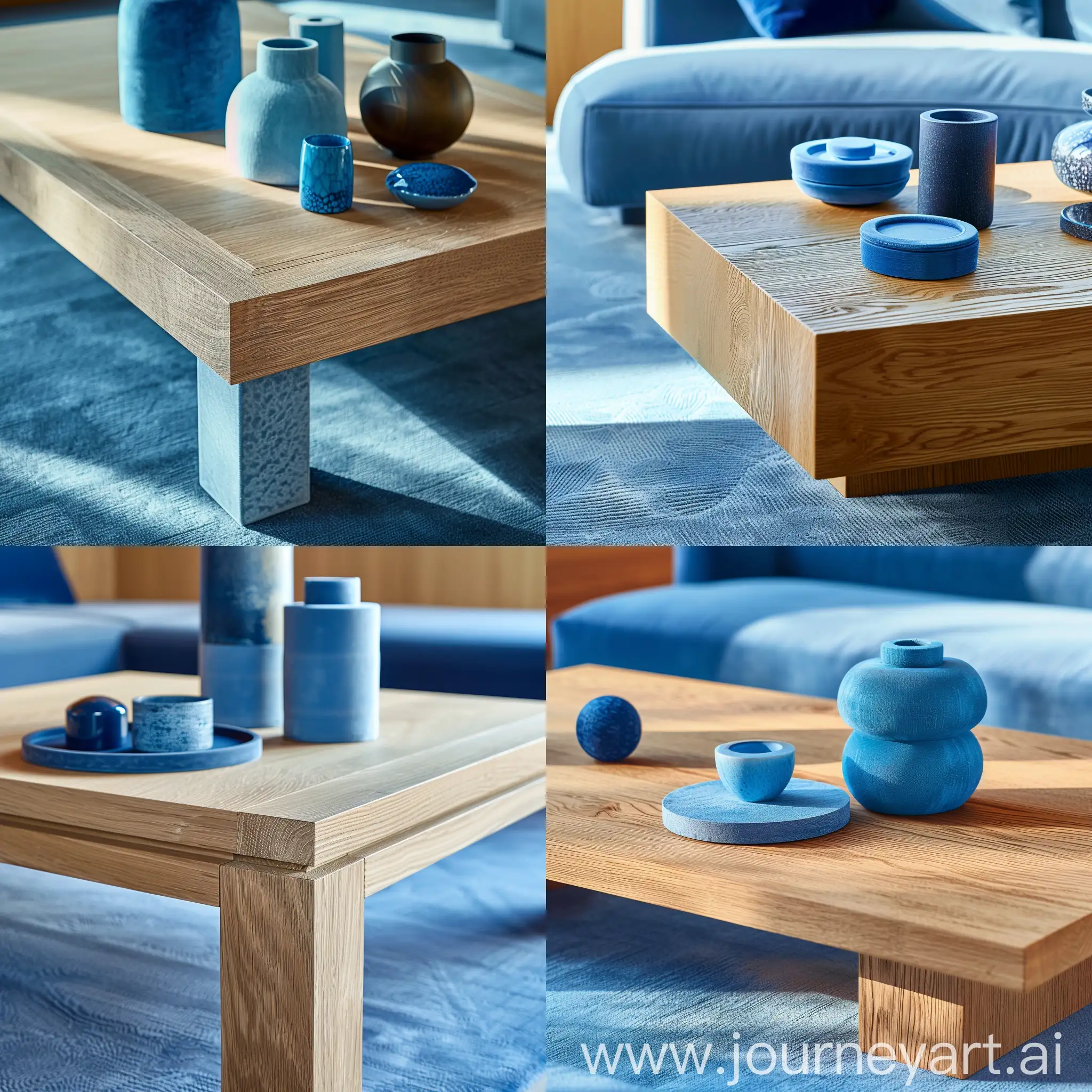 dettaglio di un tavolino da caffè rovere con accessori blu. tappeto azzurrino.  Stile moderno. luce del mattino calda
