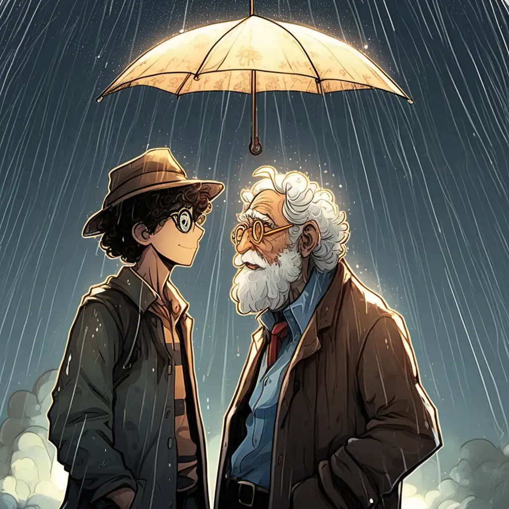 Magical Encounter CurlyHaired Teen and Wise Old Man in Rain
