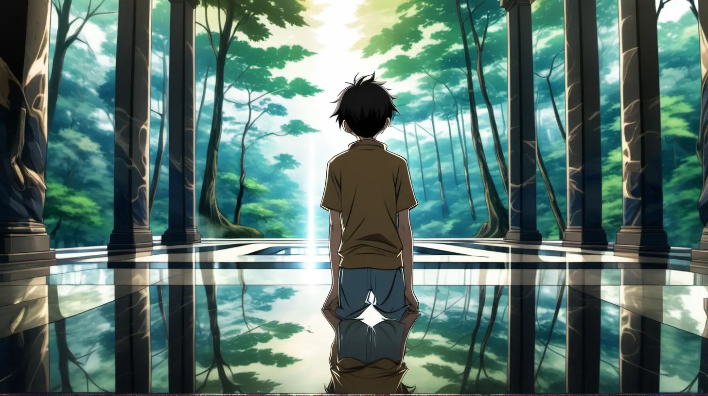A young teen boy looking at himself through a reflective floor in a temple that overlooks a forest, anime style