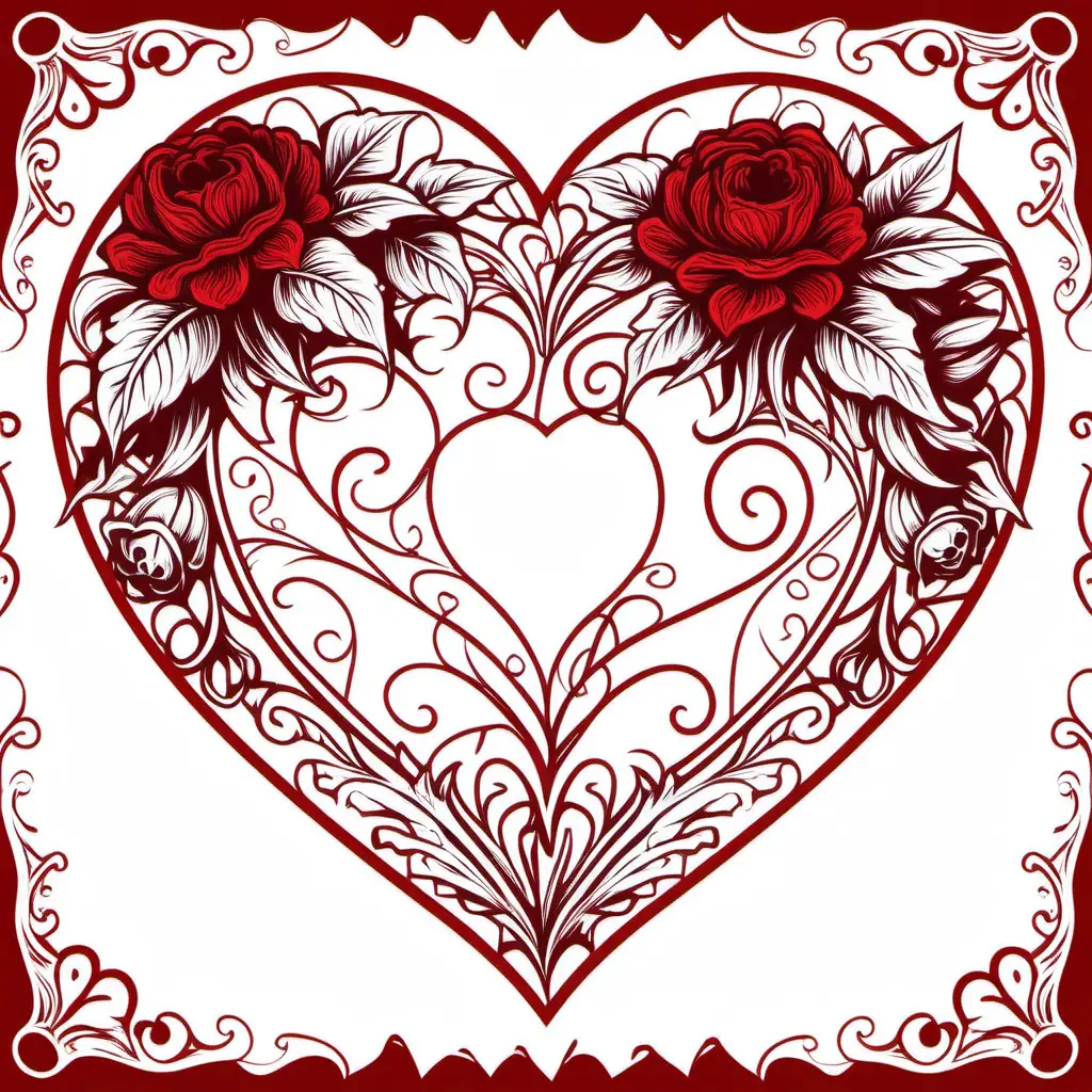 gothic floral heart clipart, red outline