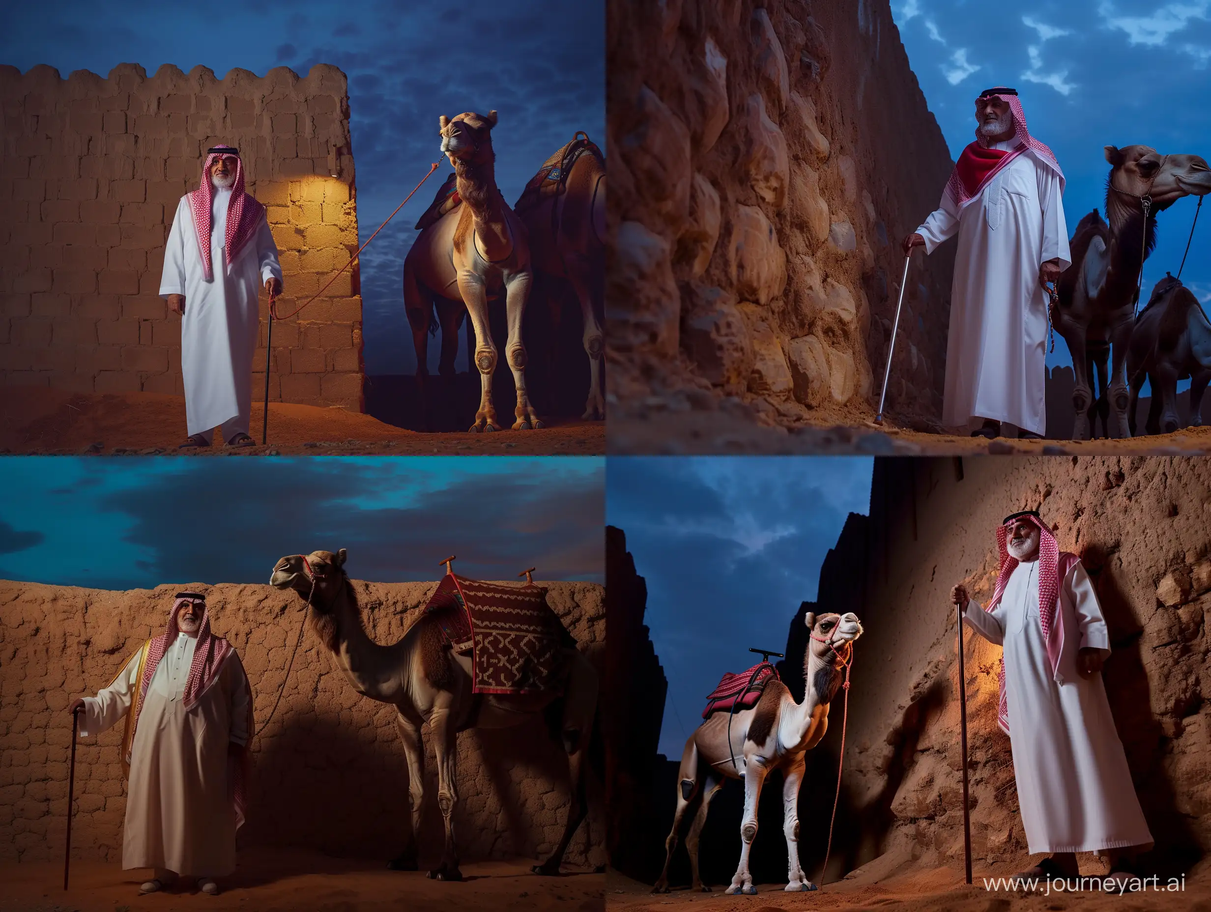 The opening image is of an old Saudi prince wearing the traditional white Saudi dress and a red shemagh, standing in front of a mud wall holding his cane next to him is a camel at night time and dim lighting, in a cinematic and dramatic style with shades of brown, and he seems confident of himself, the camera is at a low angle pointing upwards, and the sky is blue, And a full body shot